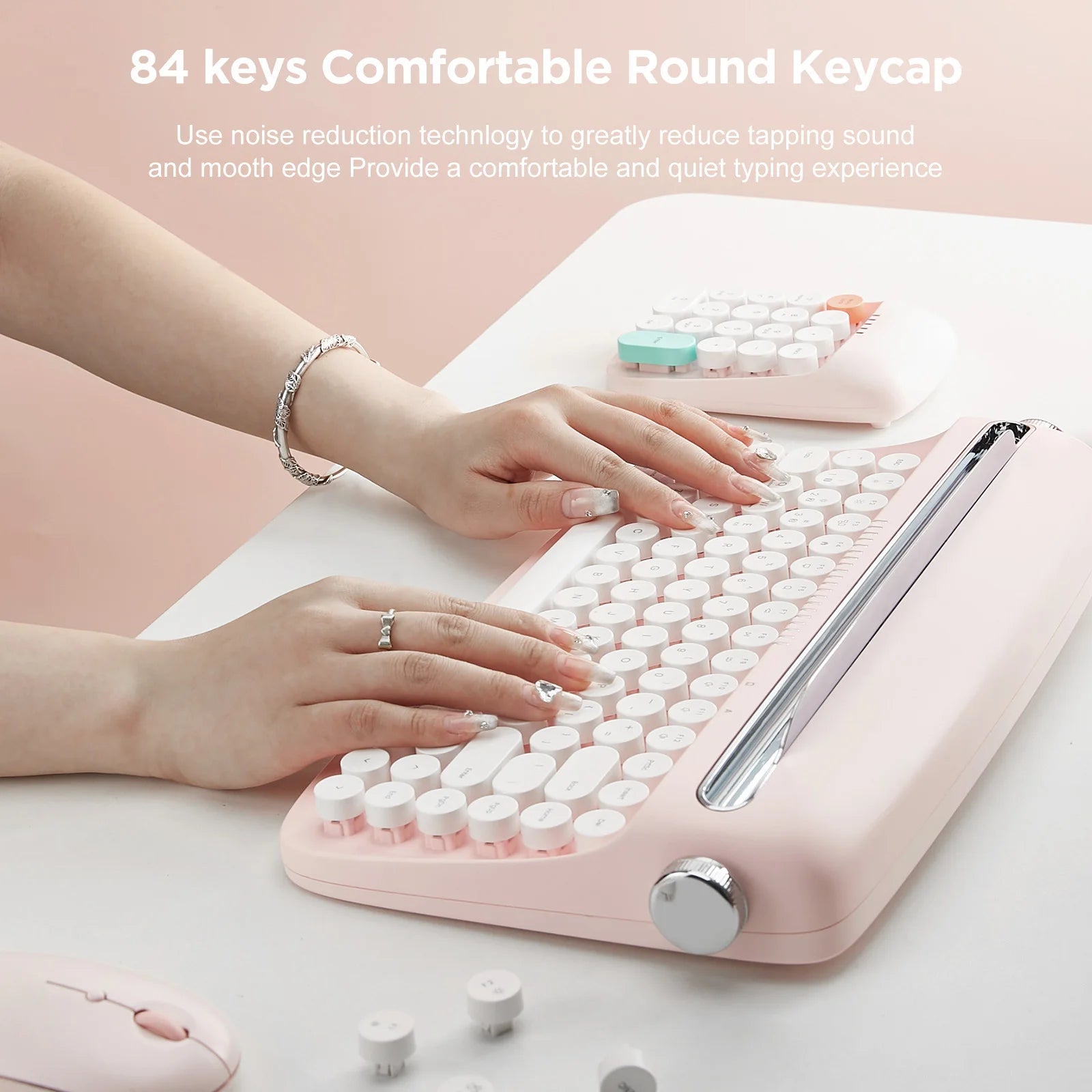 YUNZII B303 Pink Wireless Typewriter Keyboard, Retro Bluetooth Aesthetic Membrane Keyboard with Adjusted Stand for Multi-Device