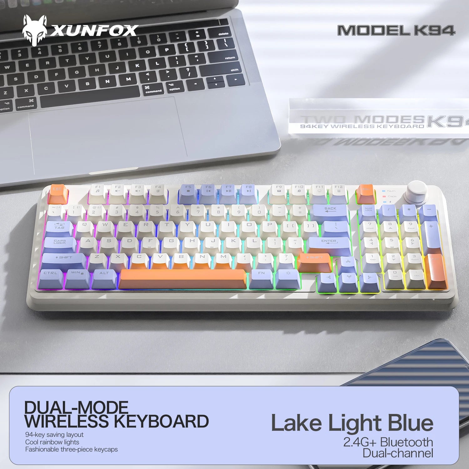 K94 Wireless Gaming Keyboard, BT 5.0/2.4GHz With Dual Mode 2-in-1 Receiver, 95 Keys TKL Rainbow LED Backlit Quiet Keyboard For