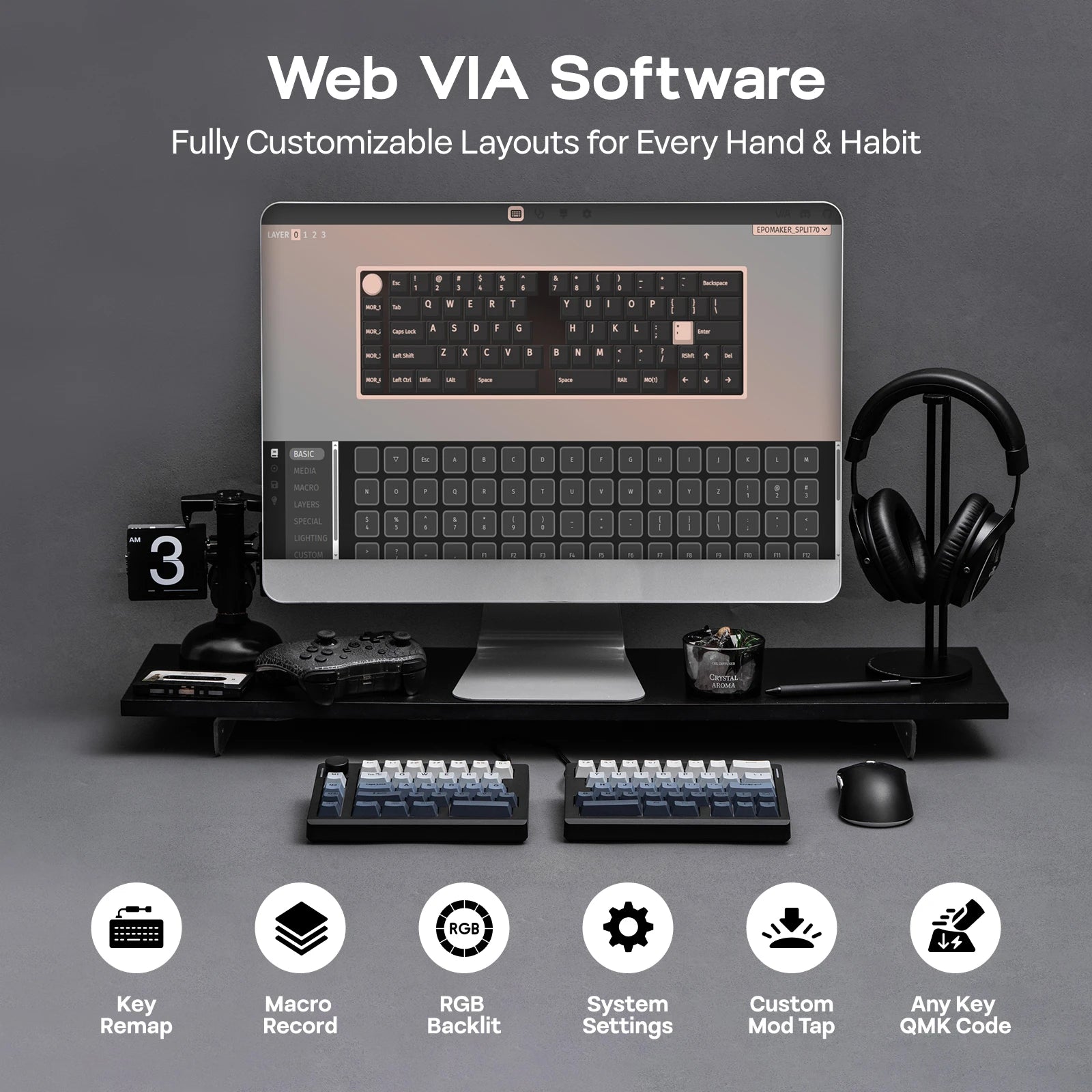 EPOMAKER Split70 QMK/VIA 70% Split Layout Wired/BT/2.4Ghz Wireless Mechanical Keyboard with Programmable Knob Mac Modifier
