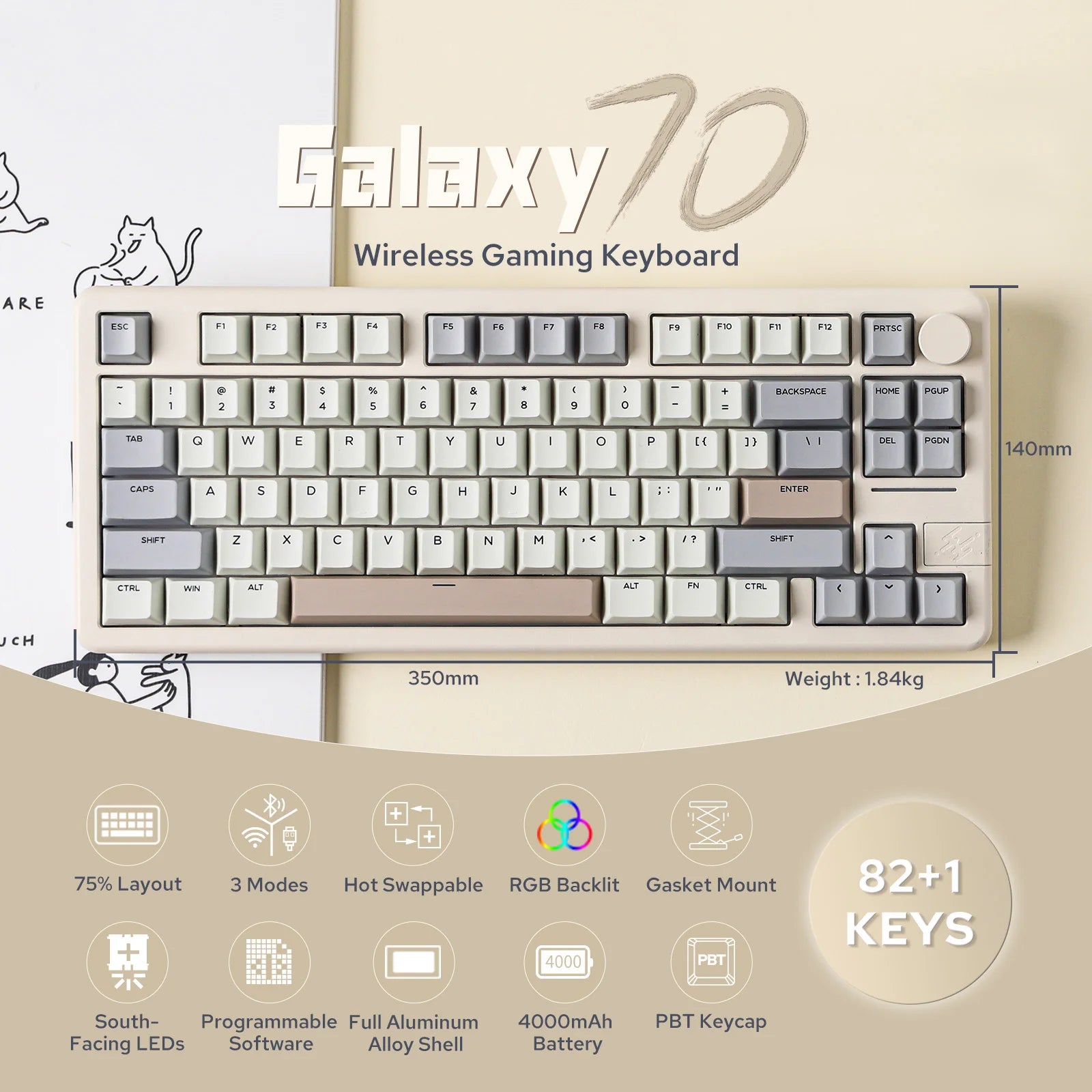 EPOMAKER Galaxy 70 75% ANSI US Layout Gasket Tri-mode Wireless Mechanical Gaming Keyboard with RGB Backlight & 4000mah Battery