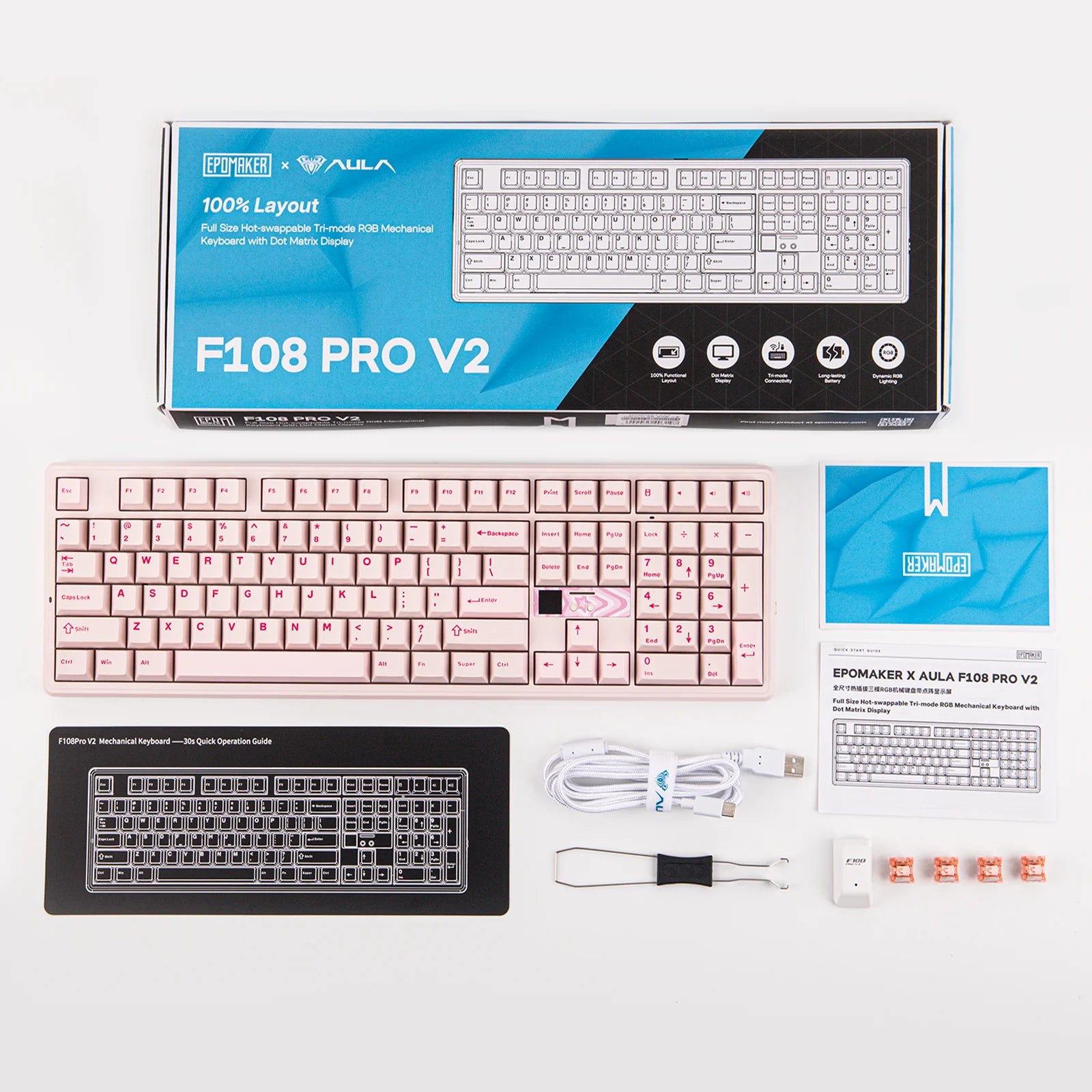 EPOMAKER X AULA F108 PRO V2 100% ANSI US Layout Tri-Mode Creamy Gasket Wireless Mechanical Keyboard with Pixel Screen & 10000mAh