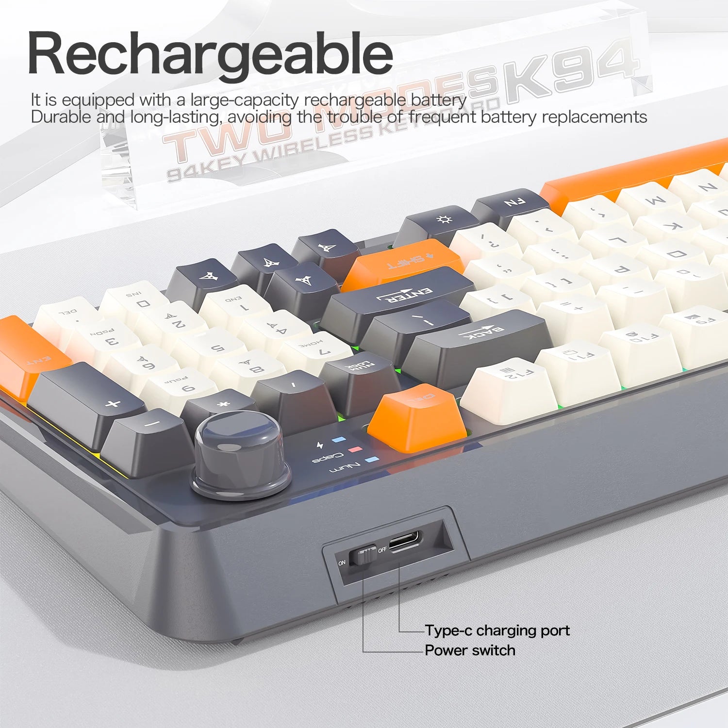 K94 Wireless Gaming Keyboard, BT 5.0/2.4GHz With Dual Mode 2-in-1 Receiver, 95 Keys TKL Rainbow LED Backlit Quiet Keyboard For