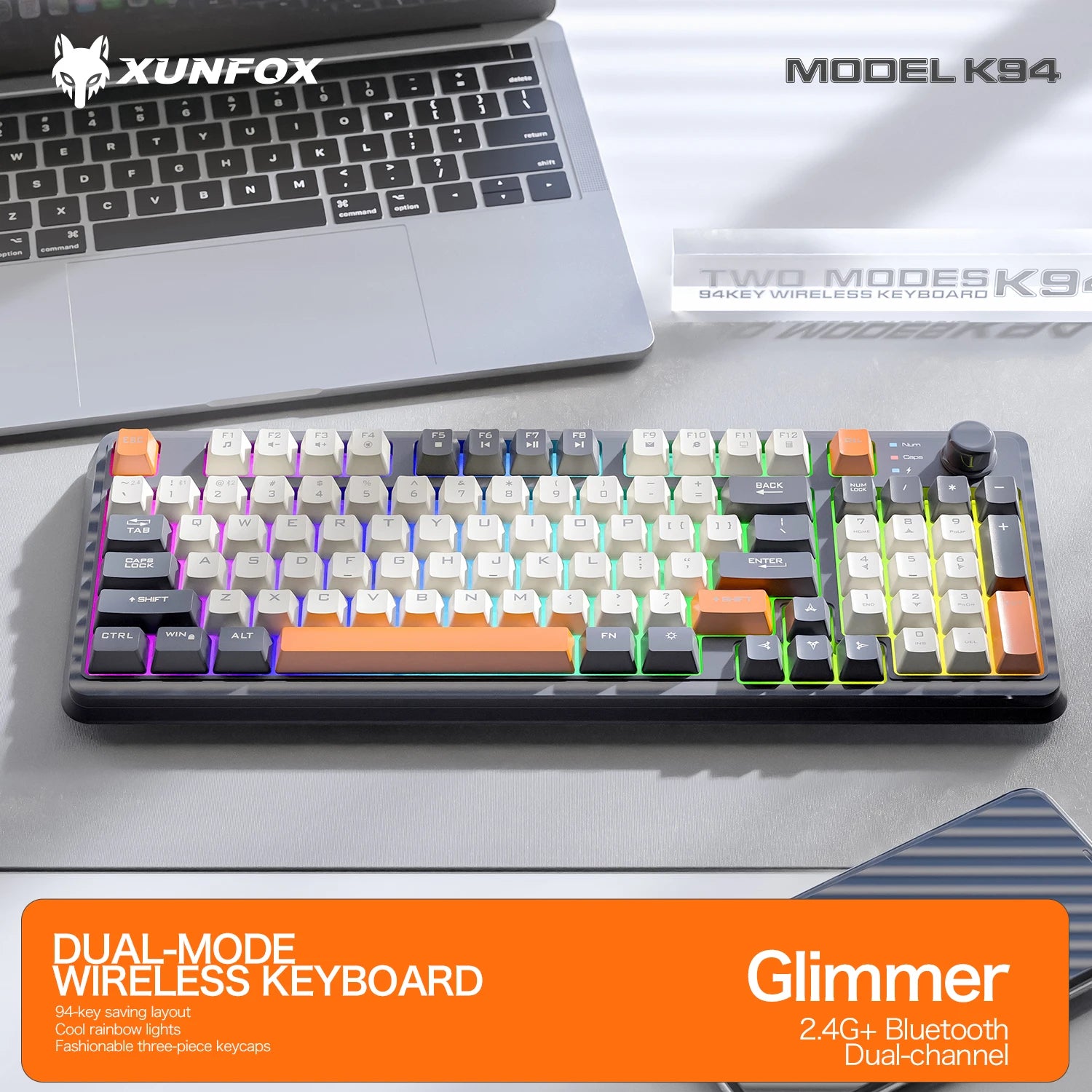K94 Wireless Gaming Keyboard, BT 5.0/2.4GHz With Dual Mode 2-in-1 Receiver, 95 Keys TKL Rainbow LED Backlit Quiet Keyboard For
