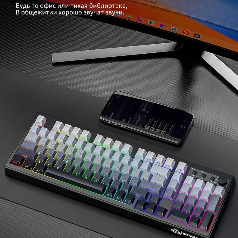 FREEWOLF K100 Russian Wireless Keyboard Three-mode RGB Ergonomic Design Laptop Accessories Office Gaming E-sports Gamer Keyboard