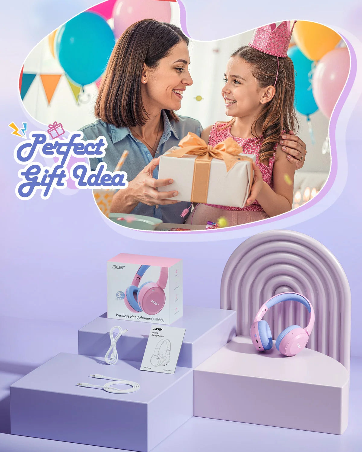 Acer Kids Bluetooth 6.0 Headphones 85/94dB Volume Limited Lightweight Over-Ear Wireless Headphones with Built-in Mic for Kids