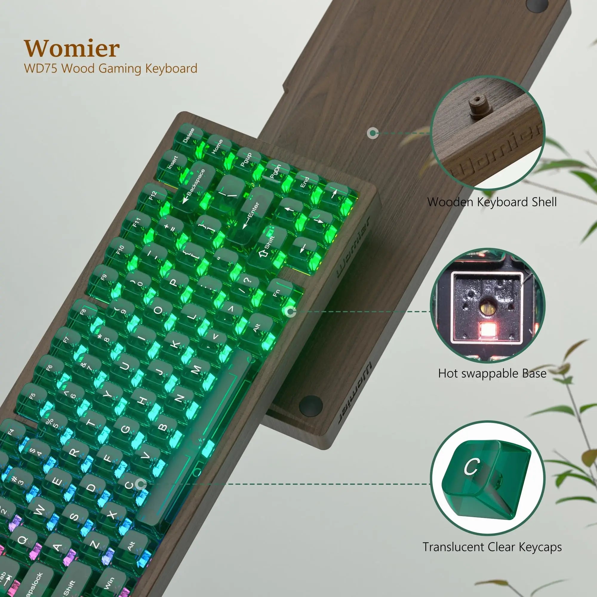 Womier WD75 QMK/VIA Wooden Gaming Keyboard 8000mAh Tri-Mode Wireless Mechanical Custom RGB Hot Swappable Keyboard