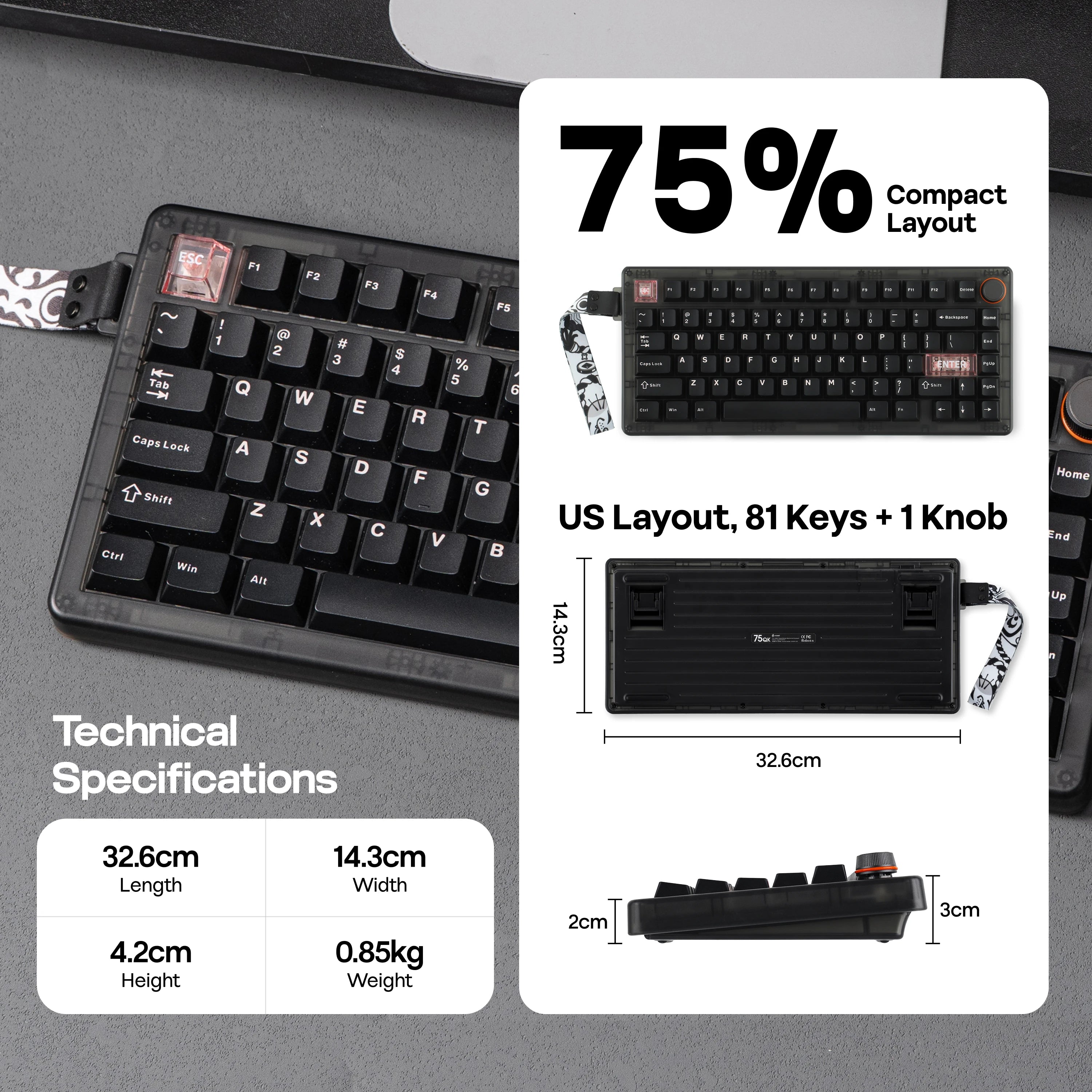 CIDOO QK75 75% Hot-Swap Gasket Tri-Mode Wireless Mechanical Gaming Keyboard with VIA Programmable & RGB Backlit for Win/Mac