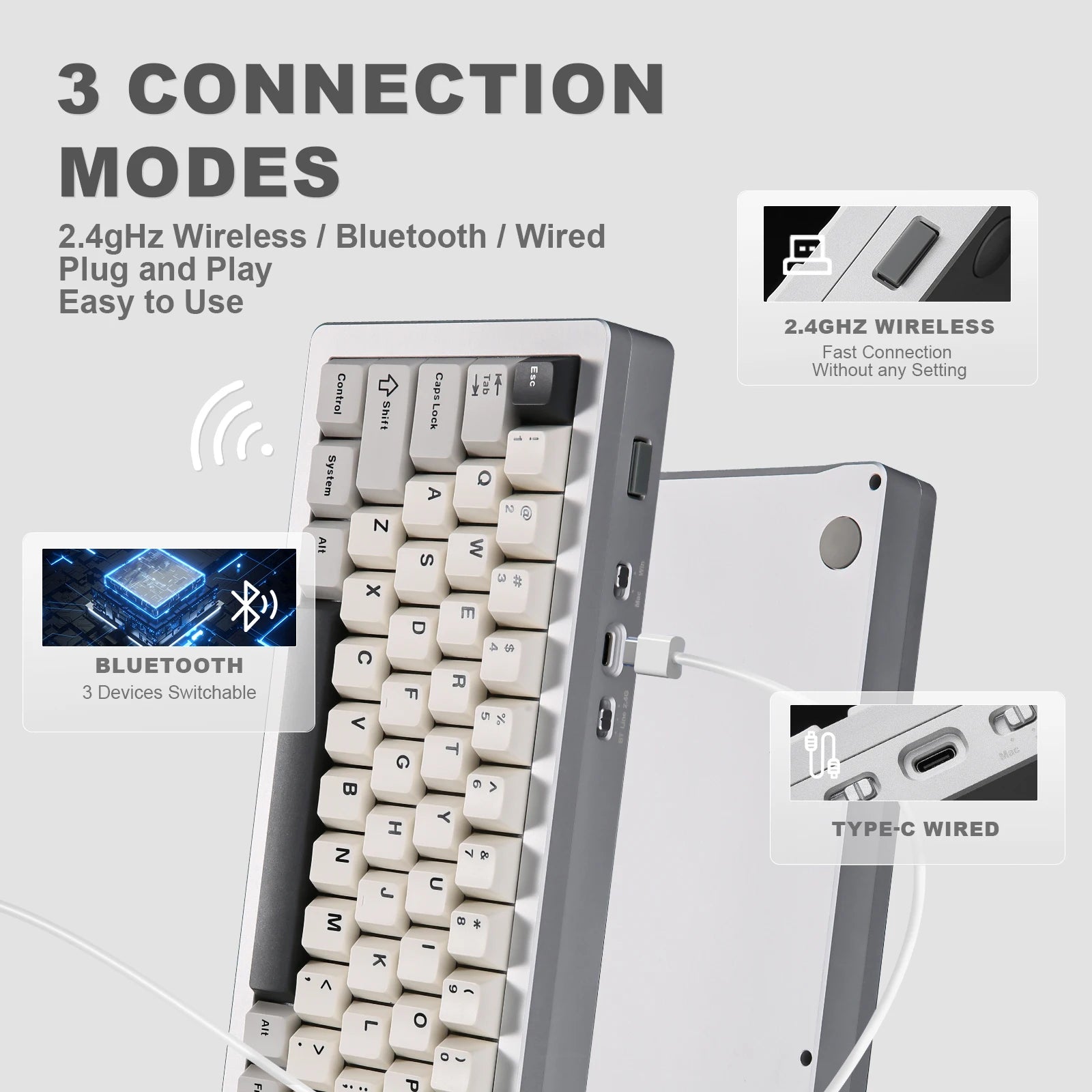 YUNZII AL71 Silver CNC Aluminum Mechanical Keyboard, Hot Swap 71-Key Wireless Gaming Keyboard, Compact Gasket Mac&Win Keyboard