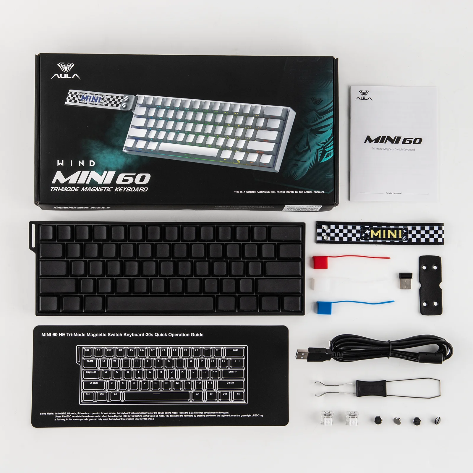AULA MINI60 HE PRO 60% ANSI US Layout Wired/BT/2.4Ghz Wireless Hall Effect Magnetic Gaming Keyboard with SOCD & DKS 8K Polling