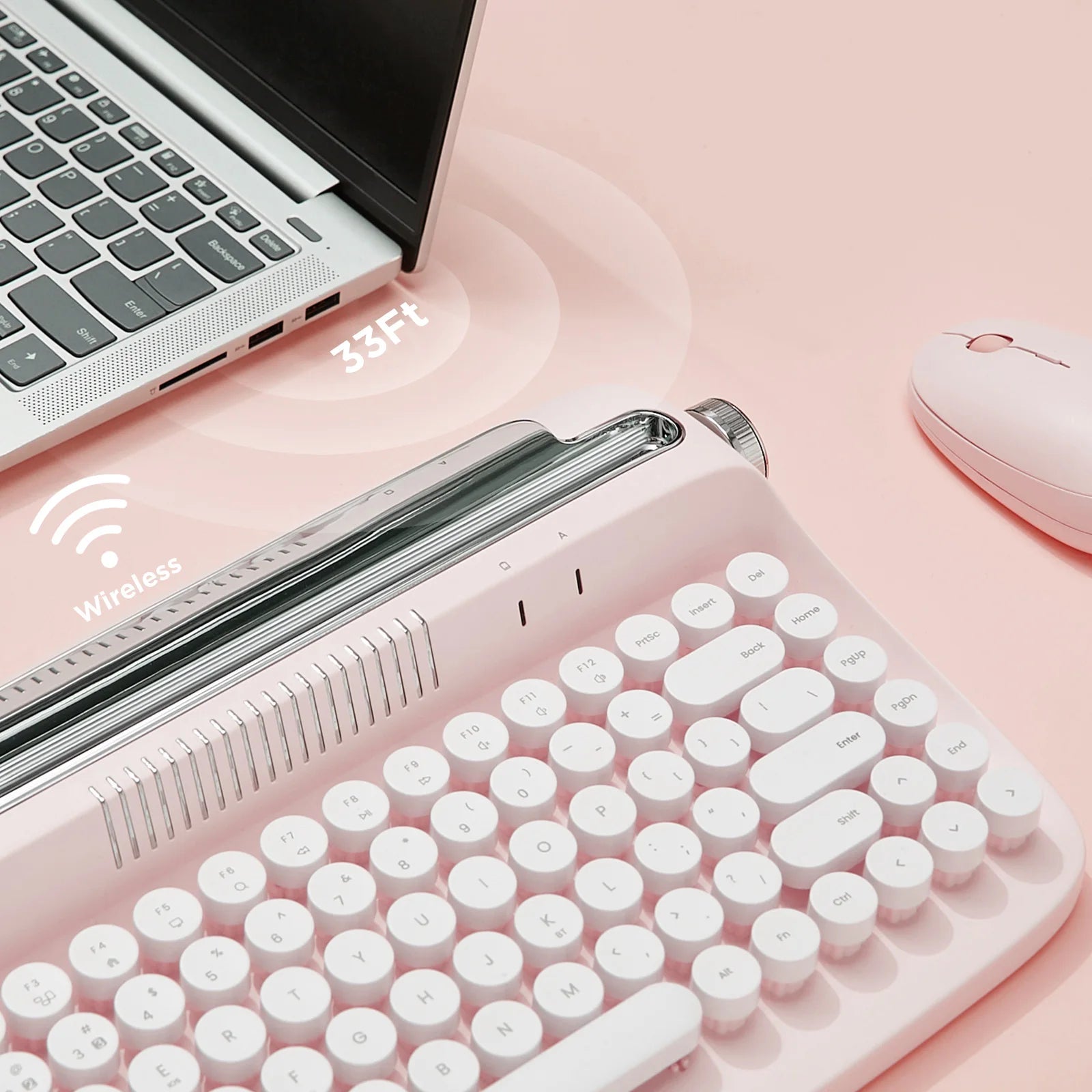 YUNZII B303 Pink Wireless Typewriter Keyboard, Retro Bluetooth Aesthetic Membrane Keyboard with Adjusted Stand for Multi-Device