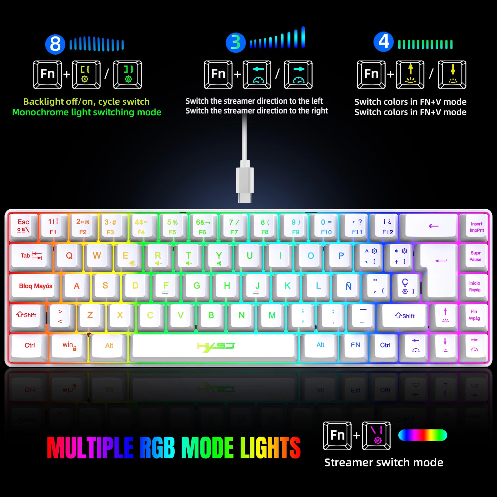 Hot sale!Spanish 69-key RGB backlit wired gaming keyboard, 68% compact design, A must-have gadget for office workers and gamers