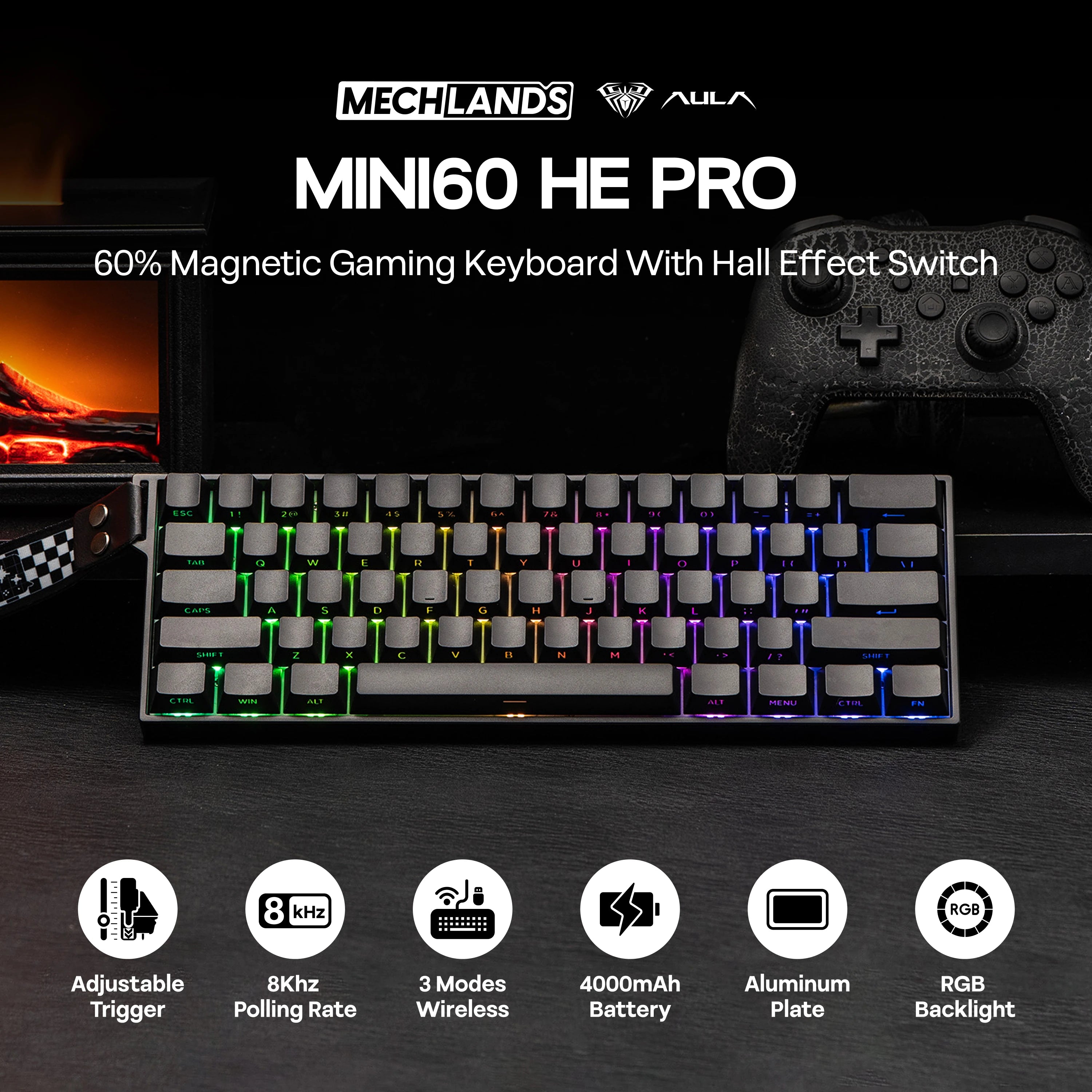 AULA MINI60 HE PRO 60% ANSI US Layout Wired/BT/2.4Ghz Wireless Hall Effect Magnetic Gaming Keyboard with SOCD & DKS 8K Polling