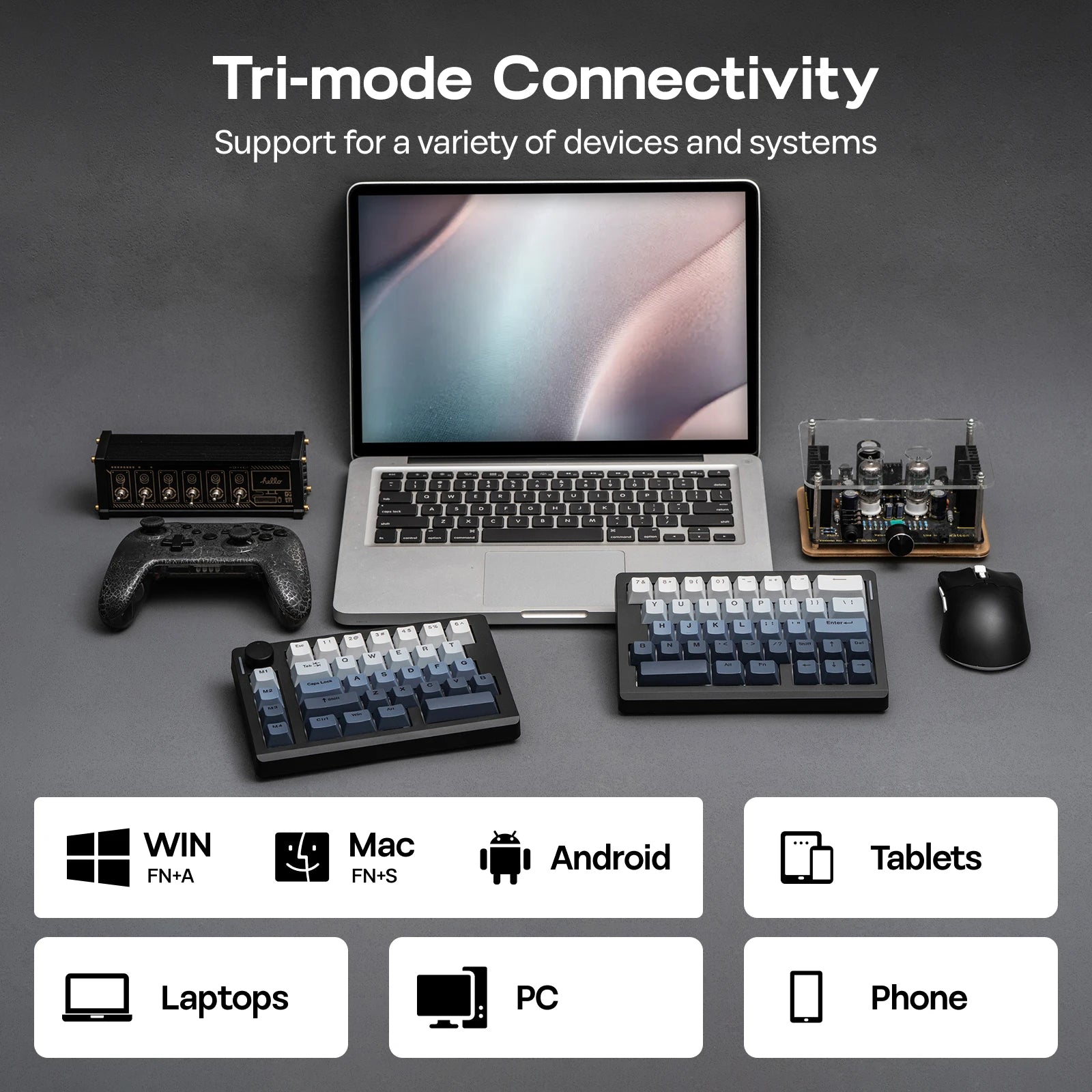EPOMAKER Split70 QMK/VIA 70% Split Layout Wired/BT/2.4Ghz Wireless Mechanical Keyboard with Programmable Knob Mac Modifier