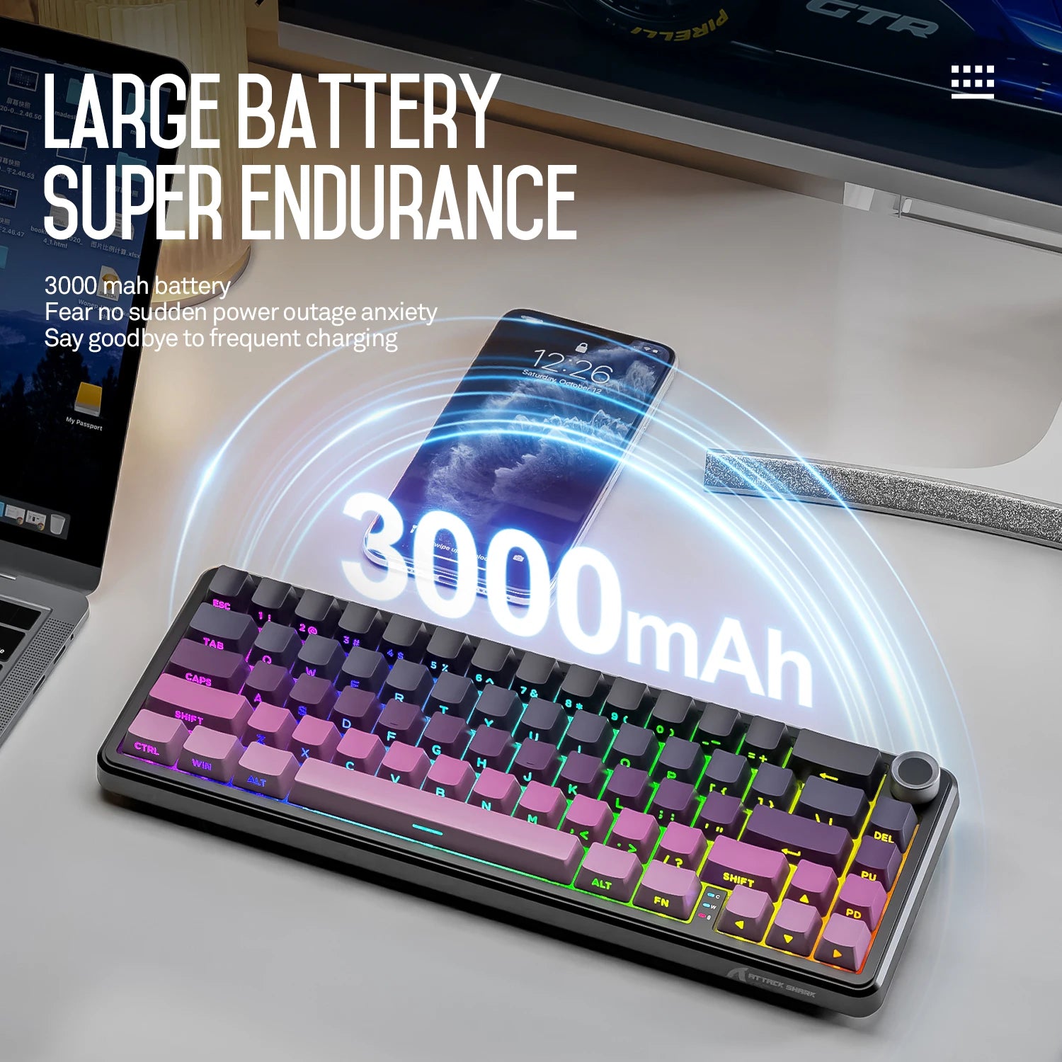 Wireless Mechanical Keyboard Attack Shark X66 RGB Hot-swappable Metal Knobs FPS Game Support Windows Mac OS