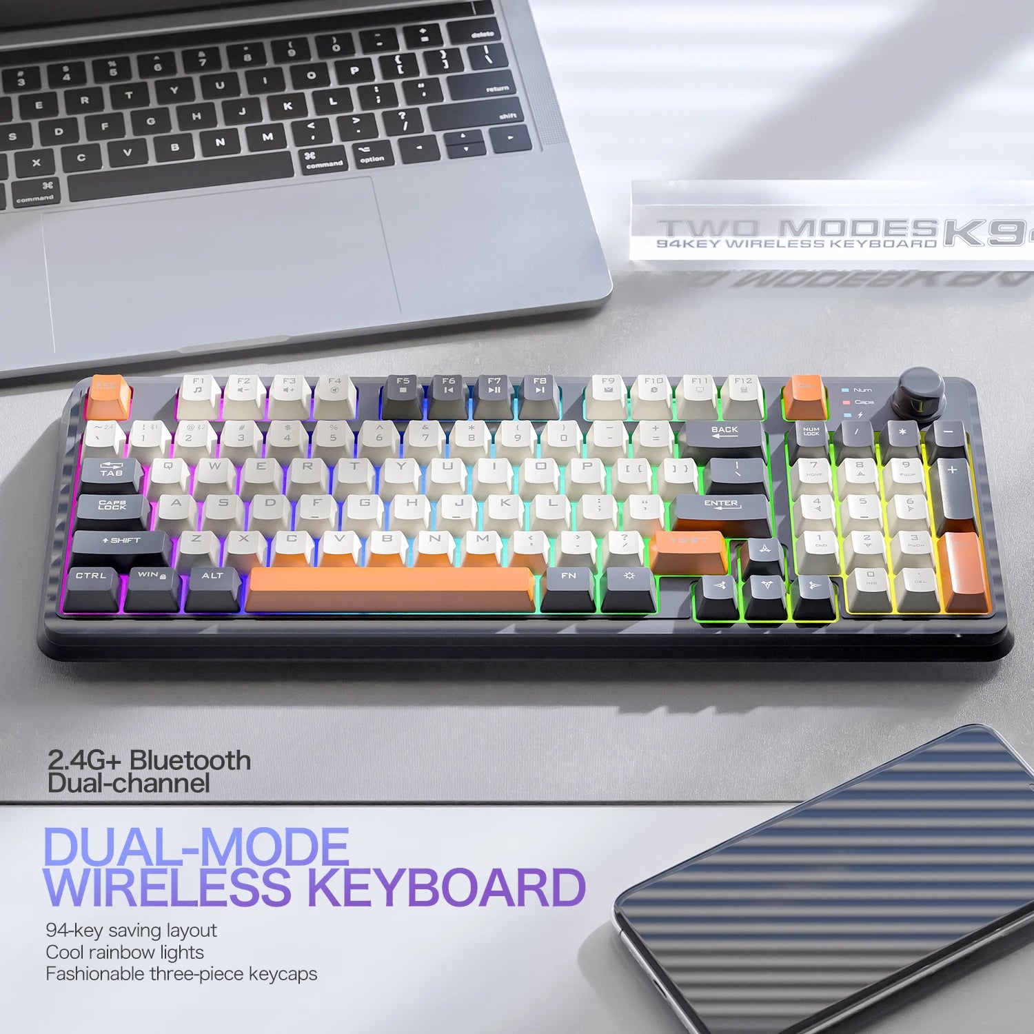 K94 Wireless Gaming Keyboard, BT 5.0/2.4GHz With Dual Mode 2-in-1 Receiver, 95 Keys TKL Rainbow LED Backlit Quiet Keyboard For