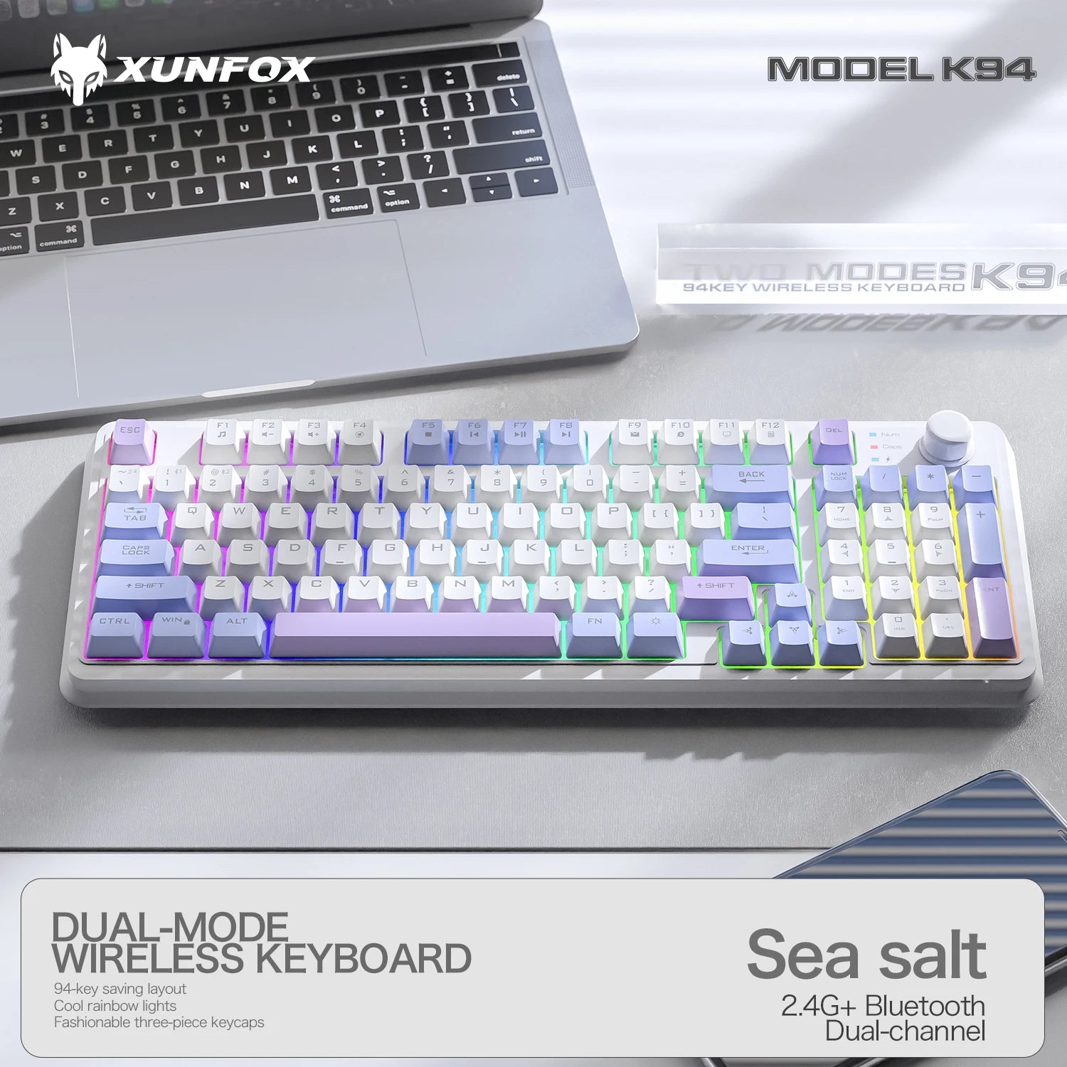 K94 Wireless Gaming Keyboard, BT 5.0/2.4GHz With Dual Mode 2-in-1 Receiver, 95 Keys TKL Rainbow LED Backlit Quiet Keyboard For