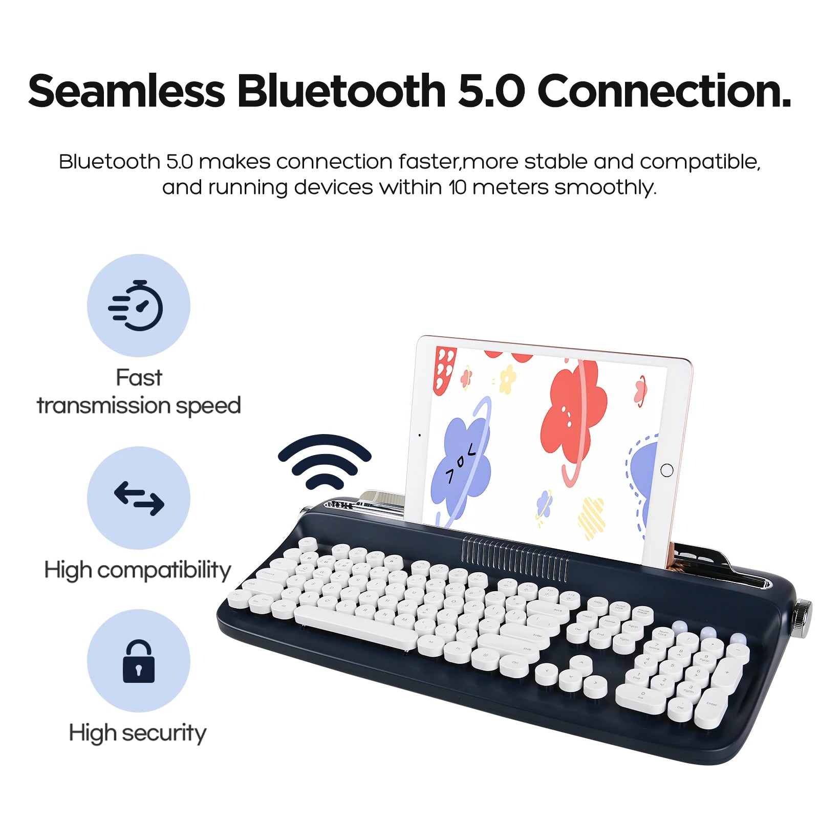 YUNZII ACTTO B503 Wireless Keyboard, Bluetooth Retro Typewriter Aesthetic Membrane Keyboards, Integrated Stand for Multi-Device