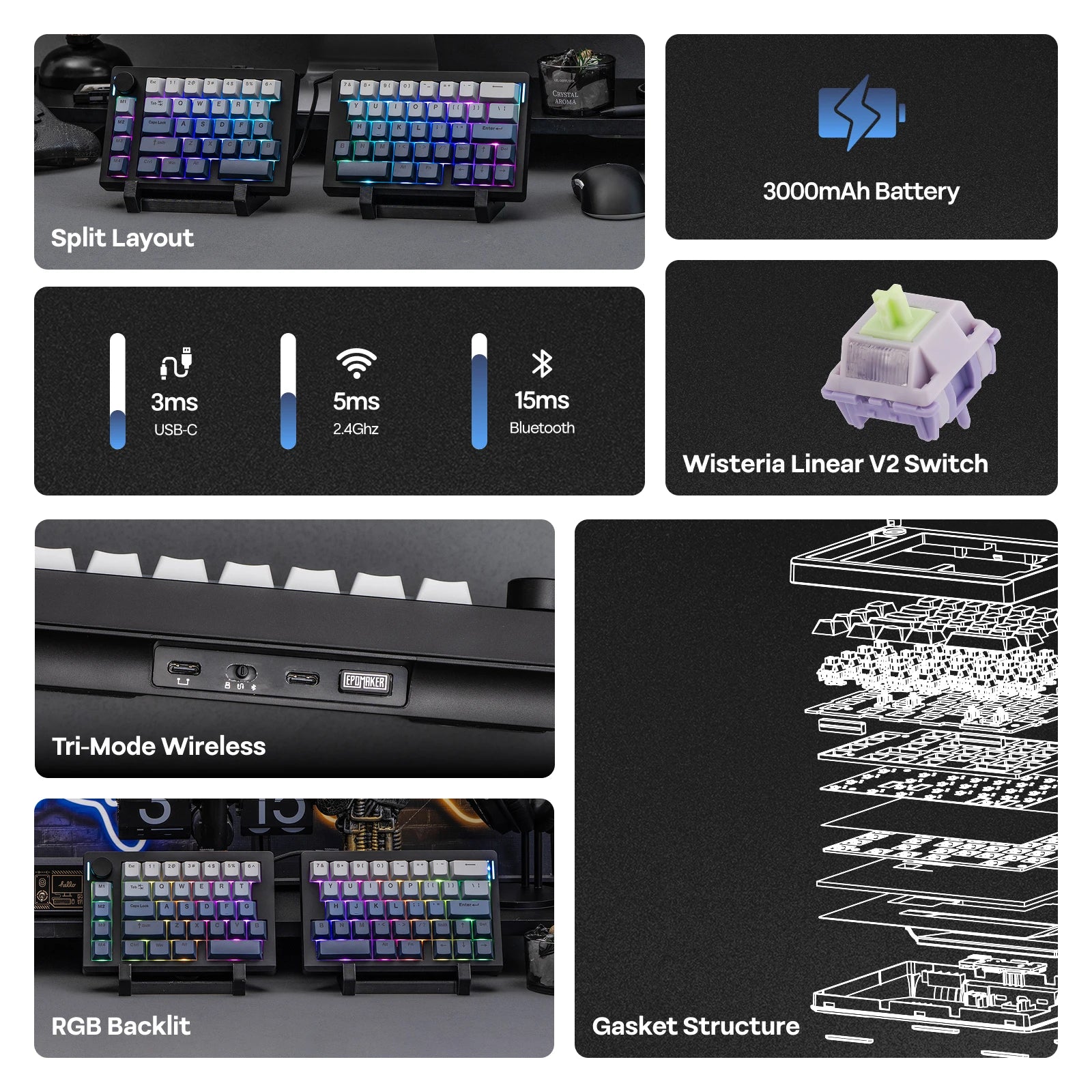 EPOMAKER Split70 QMK/VIA 70% Split Layout Wired/BT/2.4Ghz Wireless Mechanical Keyboard with Programmable Knob Mac Modifier