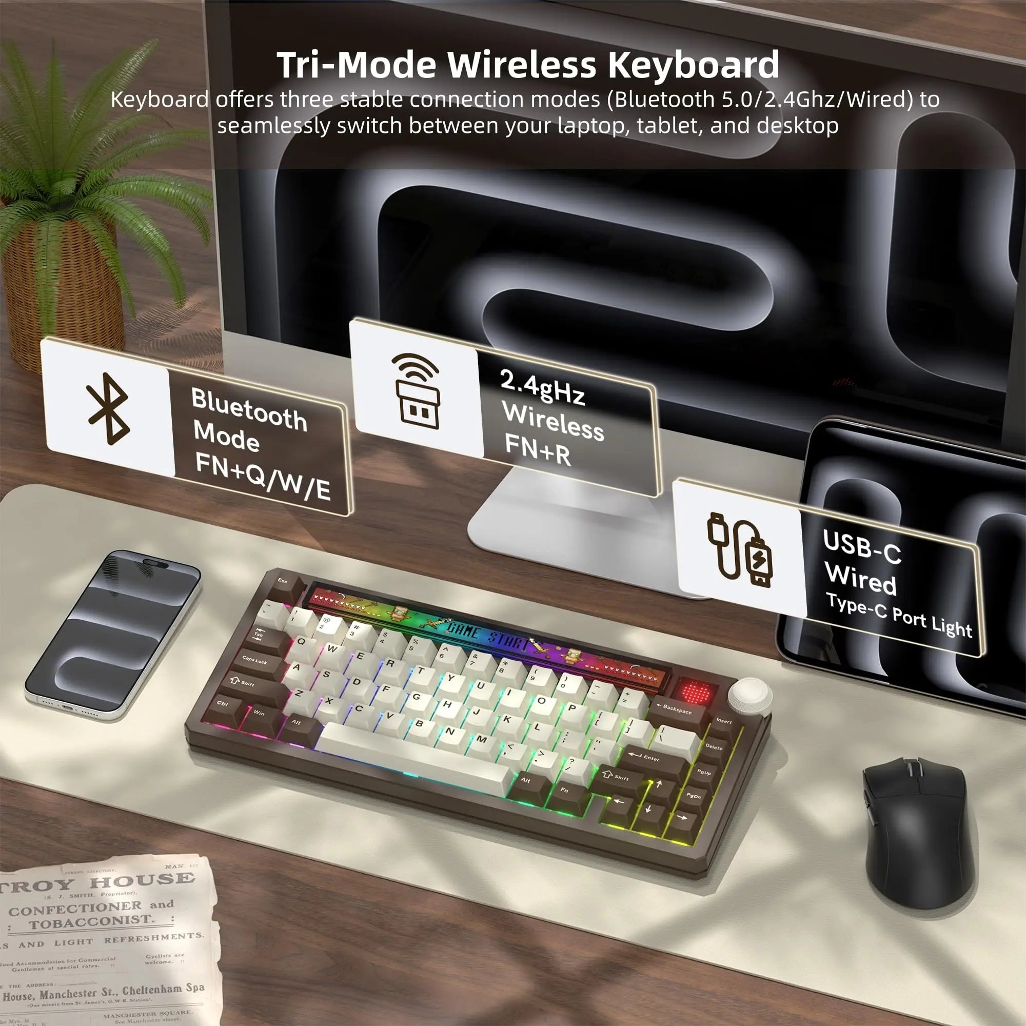 Womier K80 75% Wireless Mechanical Keyboard with Screen&Knob Retro Clear Anime Light Box Design RGB Hot-Swappable VIA for Mac/PC