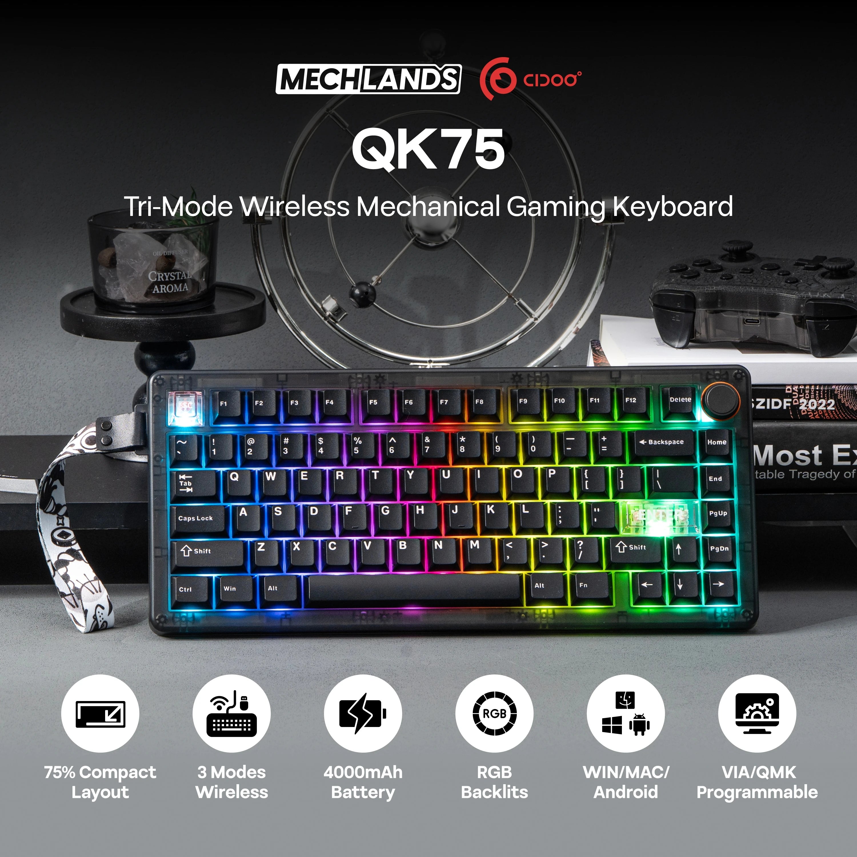 CIDOO QK75 75% Hot-Swap Gasket Tri-Mode Wireless Mechanical Gaming Keyboard with VIA Programmable & RGB Backlit for Win/Mac