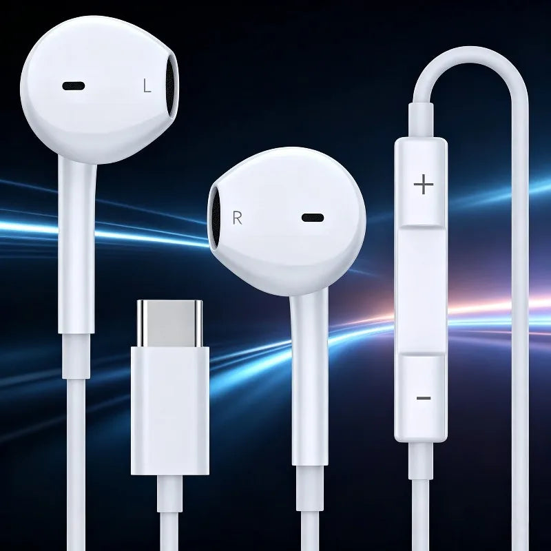 USB C Headphones for iPhone 17 16 15, Wired Type C Earphones Built-in Microphone & Volume Control, HiFi Stereo Sound Earbuds