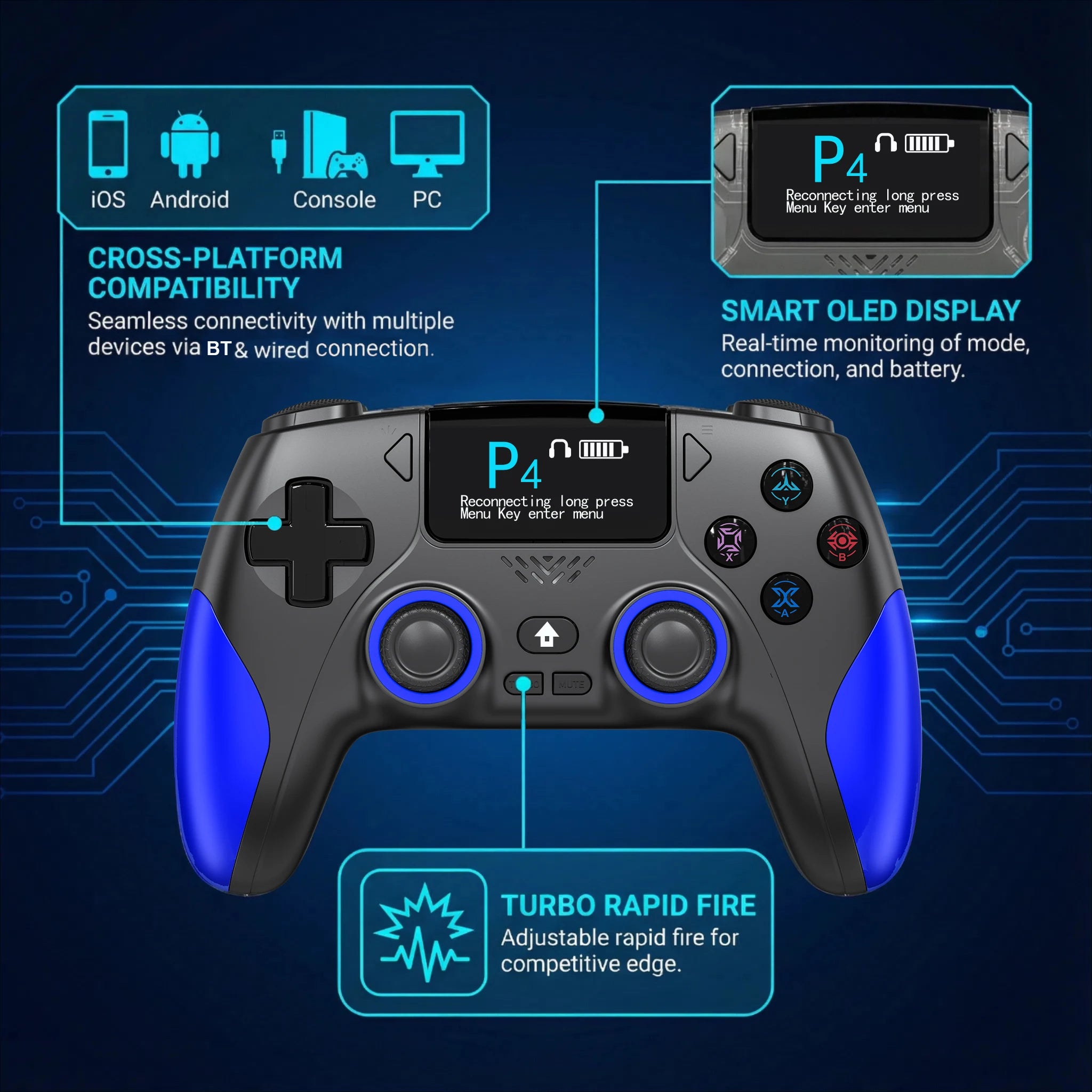 Smart Screen Wireless Game Controller, PS4 Gamepad with Customizable Display,  Compatible with IOS Andriod Table  Steam Switch